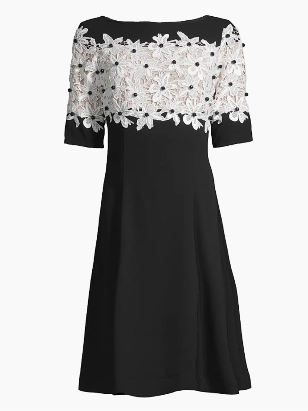 Black Midi Dress with White Floral Lace Yoke